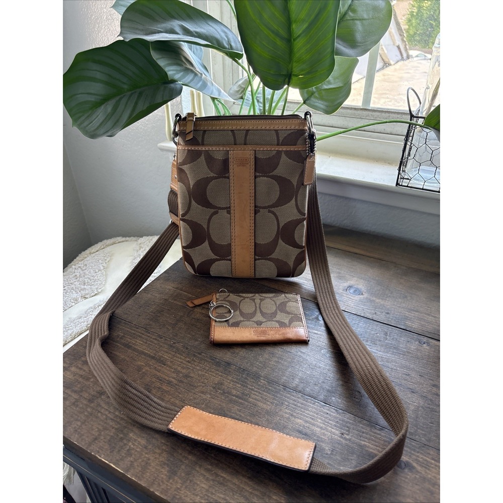 Coach Signature VTG Crossbody Bag Brown Tan Canvas Leather Trim And Wallet
